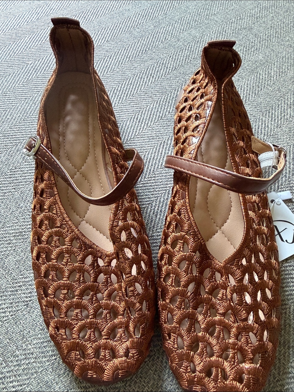 Woven Mary Jane Flats in Brown with Adjustable Strap